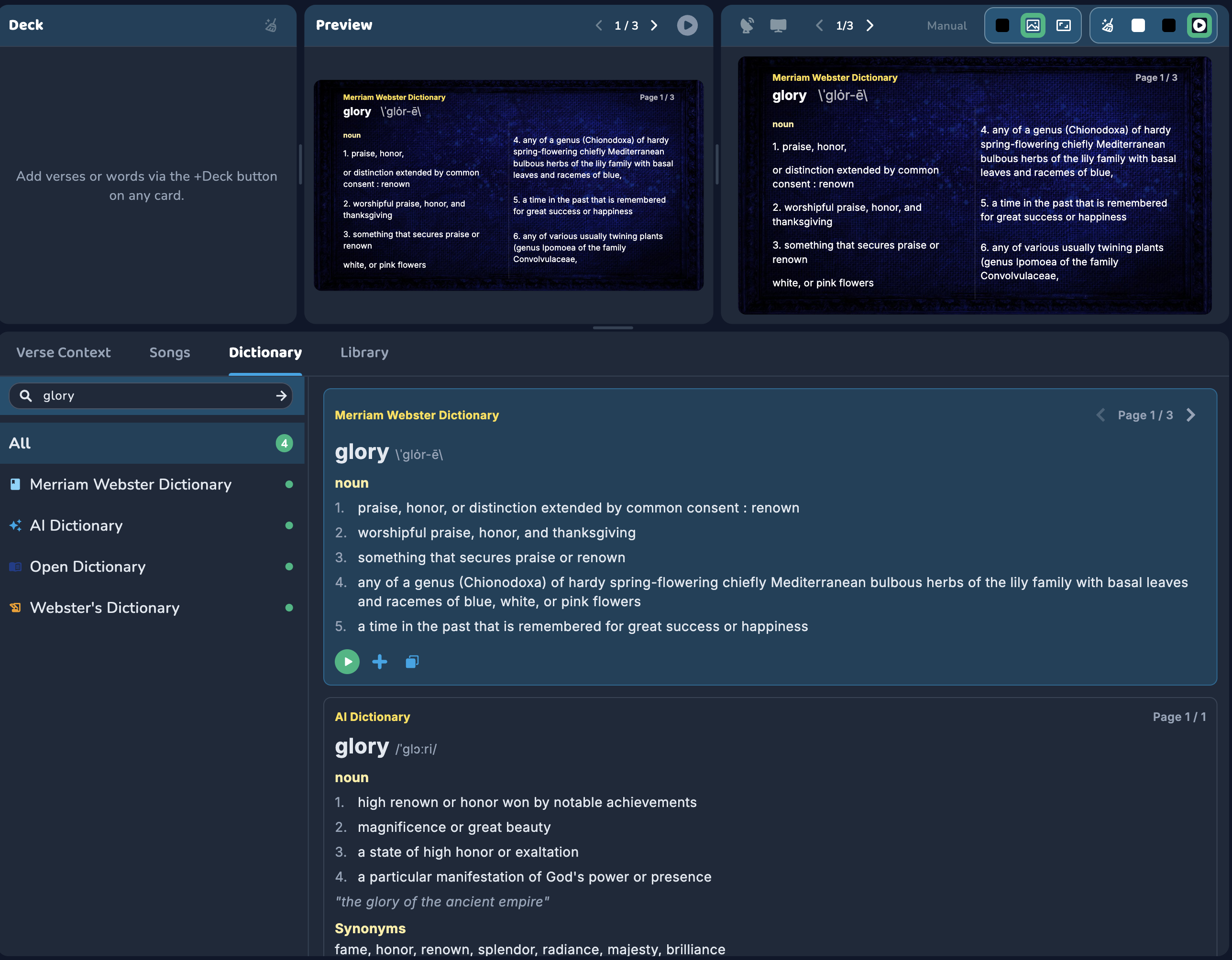 Dictionary panel comparing Merriam-Webster and AI lookups side by side