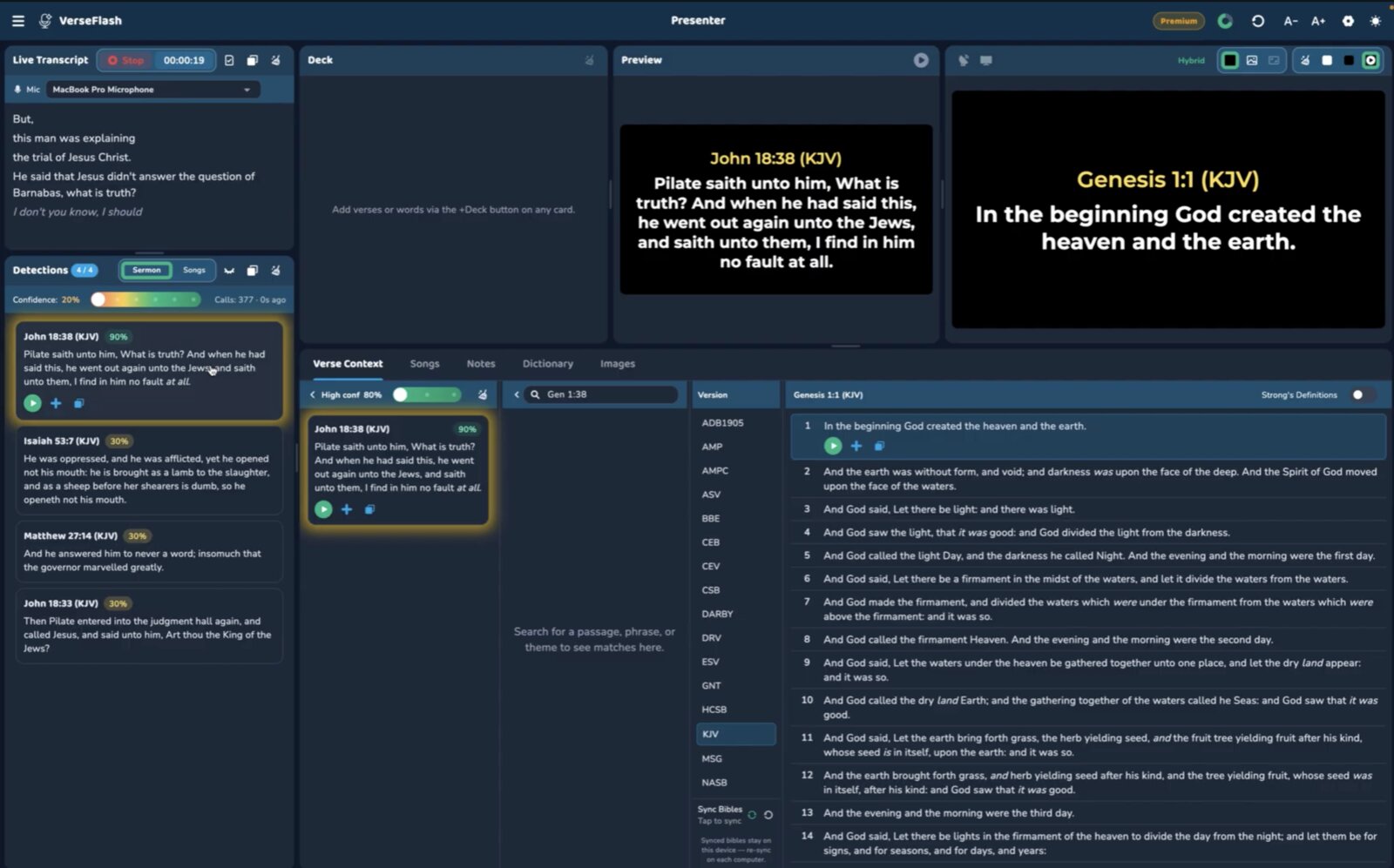 Live transcript, detection cards, and presenter preview with voice control