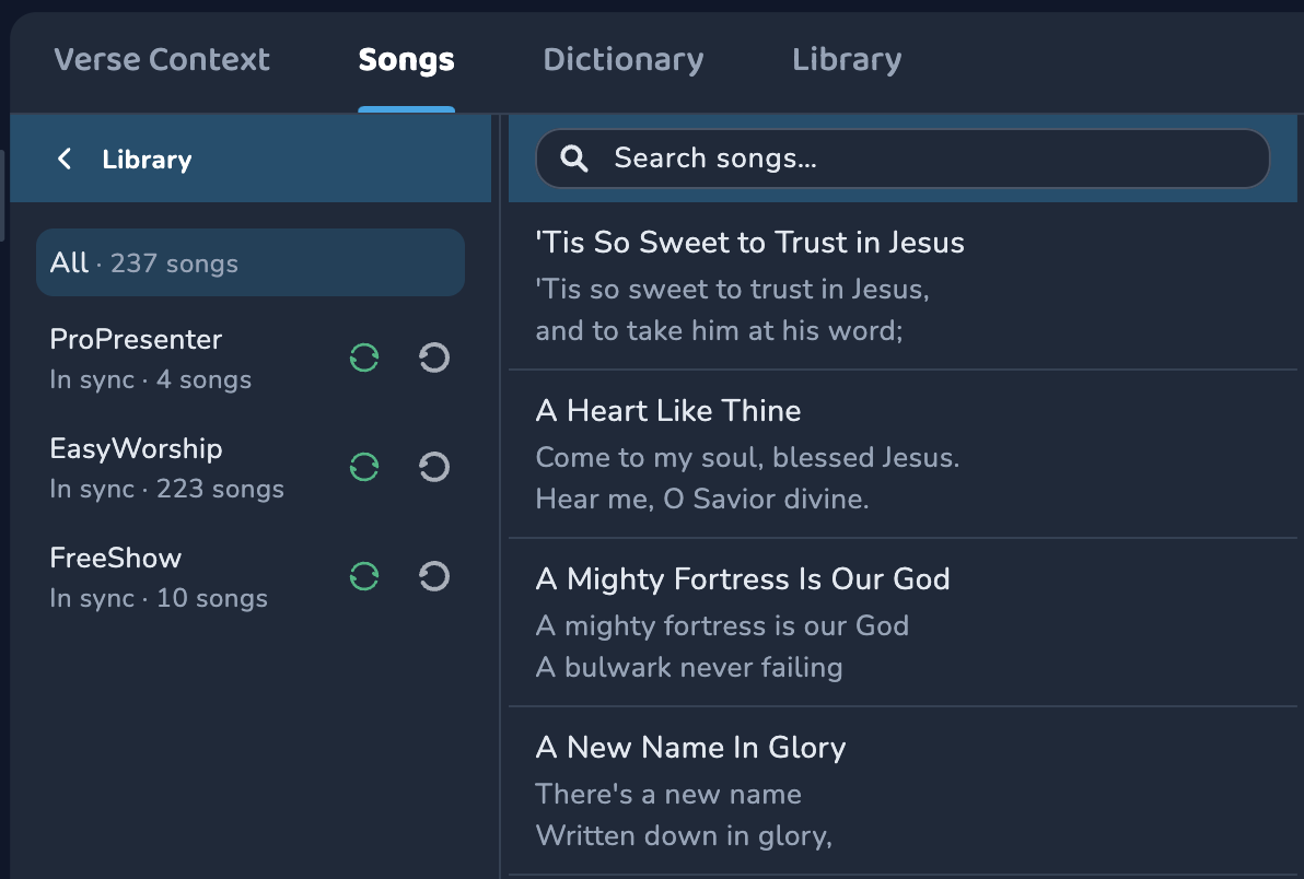 Songs library mirrored from ProPresenter, EasyWorship and FreeShow