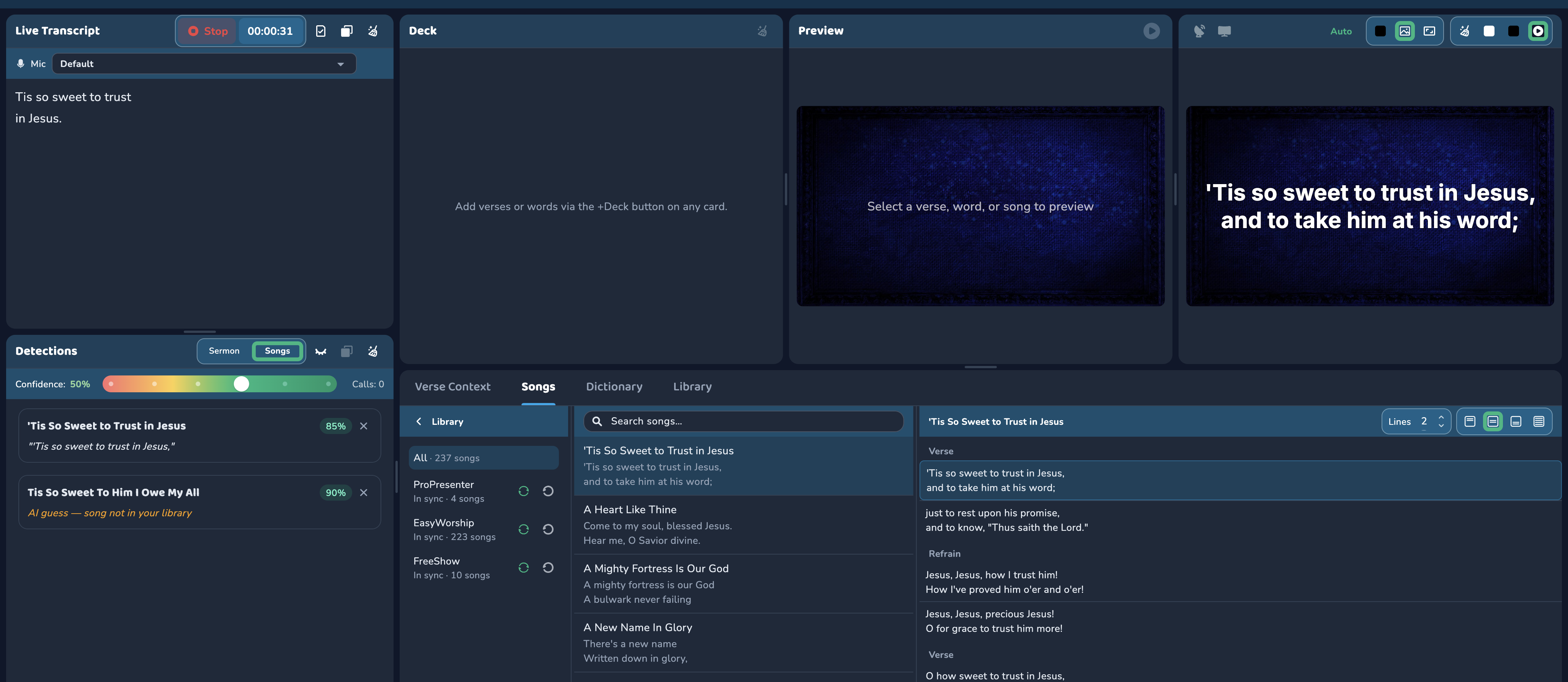Live transcript detecting a worship song with lyrics preview and synced library