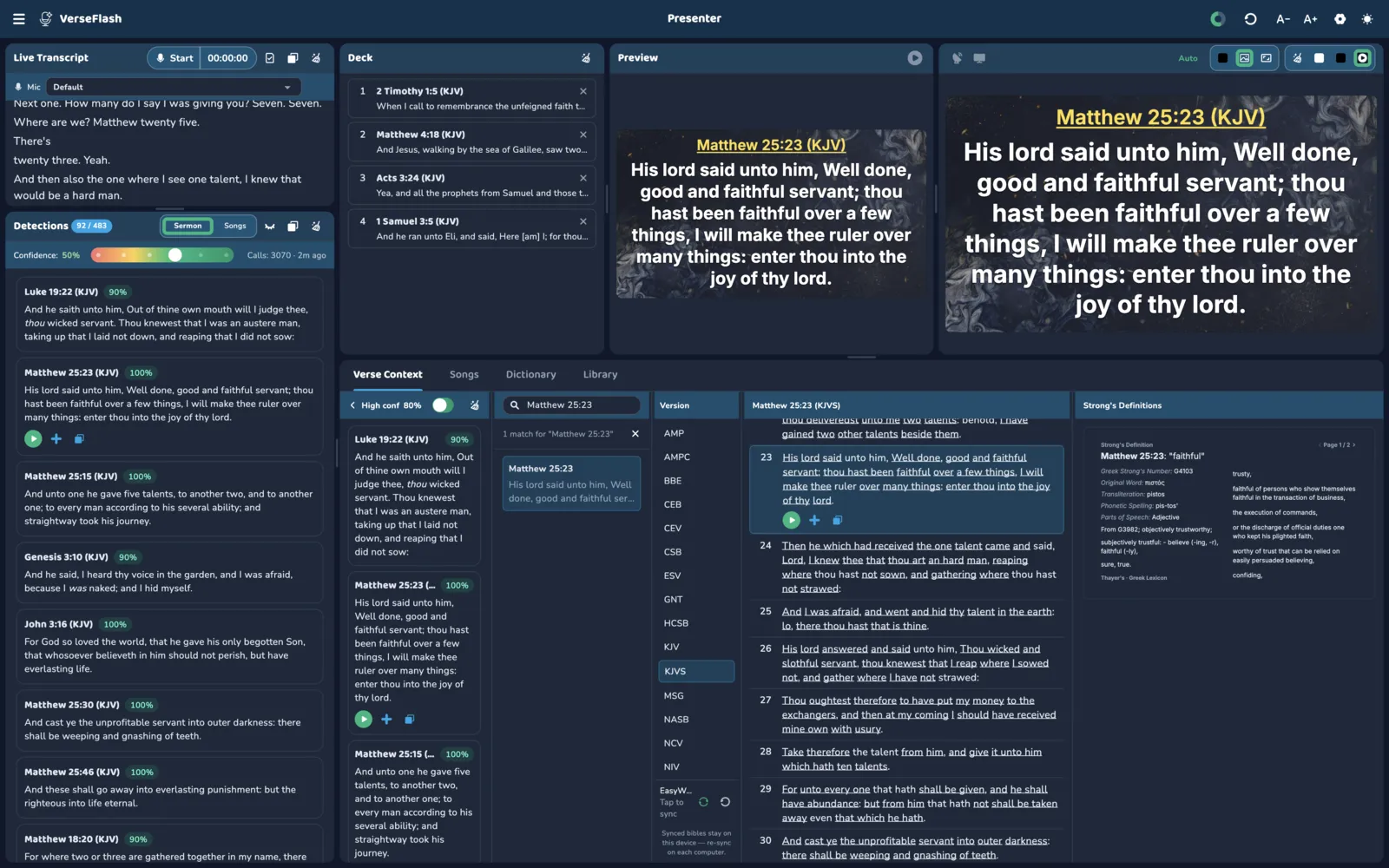 VerseFlash live sermon transcription with scripture detection cards